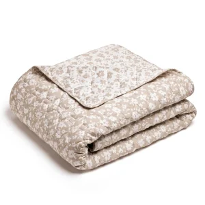Couvre-lit matelassé en 100% satin de coton - dessin Eglantine Blanc/taupe*Cacharel Clearance