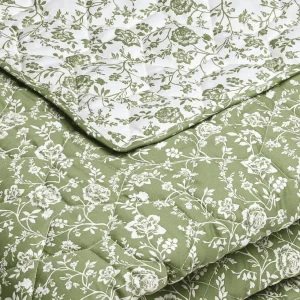 Couvre-lit matelassé en 100% satin de coton - dessin Floraison de Roses Blanc/vert*Cacharel New
