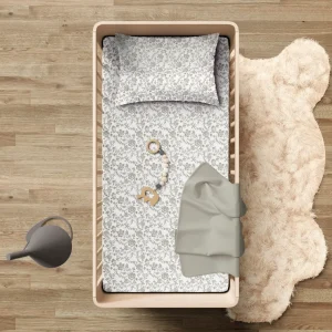 Drap plat bébé satin de coton - Parterre de Roses Blanc / Taupe*Rodier Best