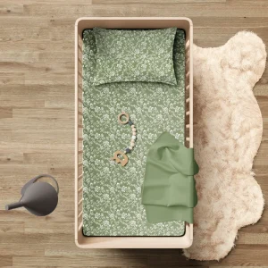 Drap plat bébé satin de coton - Parterre de Roses Vert*Rodier Online