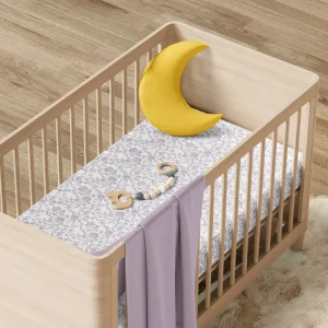 Drap plat bébé satin de coton - Floraison de Roses Blanc / Lavande*Cacharel Discount