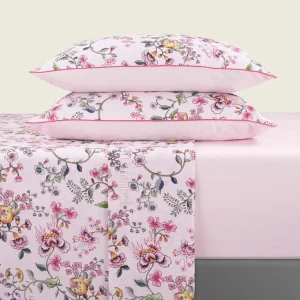 Ensemble de draps : drap-housse, drap plat, taie(s) d'oreiller en satin de coton - Jardin Secret rose blush*Cacharel New