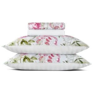 Ensemble de draps : drap-housse, drap plat, taie(s) d'oreiller en satin de coton - Jardin de roses Vert thym*Cacharel Best