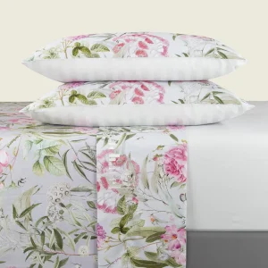 Ensemble de draps : drap-housse, drap plat, taie(s) d'oreiller en satin de coton - Jardin de roses Vert thym*Cacharel Best