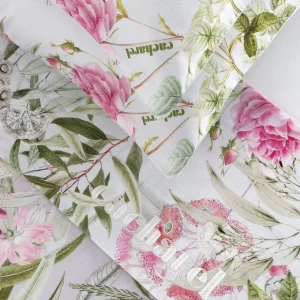 Ensemble de draps : drap-housse, drap plat, taie(s) d'oreiller en satin de coton - Jardin de roses Vert thym*Cacharel Best