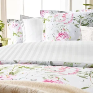 Housse de couette + 2 taies satin de coton - Jardin de Roses Vert Thym*Cacharel Online