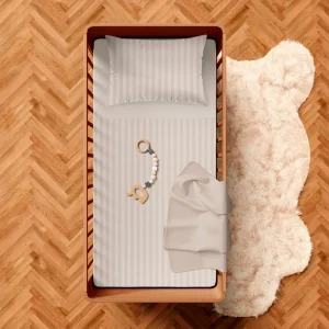 Housse de couette + taie d'oreiller bébé satin de coton - tissé Jacquard - rayure taupe*Cacharel Online