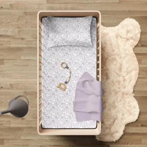 Housse de couette + taie d'oreiller bébé satin de coton - Floraison de Roses Blanc / Lavande*Cacharel Sale