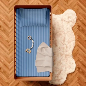 Housse de couette + taie d'oreiller bébé satin de coton rayure tissé Jacquard - Bleu*Maison Héritage Fashion