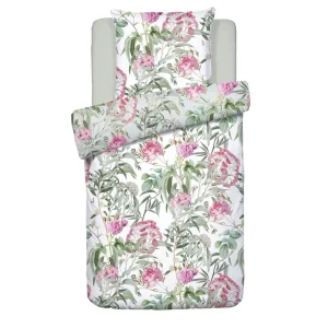 Housse de couette + taie(s) satin de coton Jardin de Roses - Vert Thym / Blanc*Cacharel Best