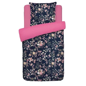 Housse de couette + taie(s) d'oreiller satin de coton - Jardin secret Bleu foncé / Rose*Cacharel Clearance