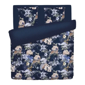 Housse de couette + taie(s) satin de coton - Bouquet d'hortensias bleu foncé*Cacharel Clearance