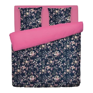 Housse de couette + taie(s) d'oreiller satin de coton - Jardin secret Bleu foncé / Rose*Cacharel Clearance