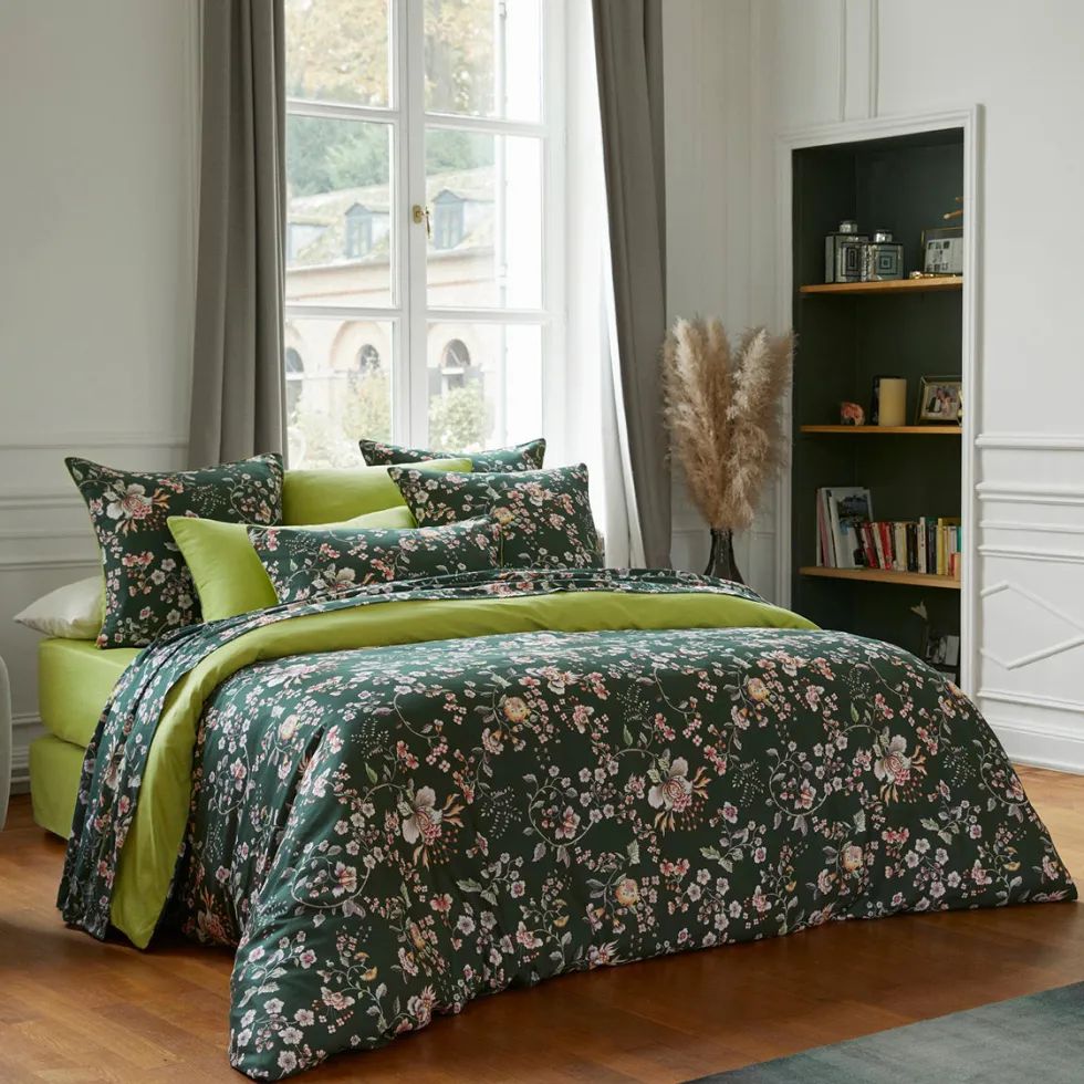 housse_de_couette__taies__1-52.webp Housse de couette + taie(s) d'oreiller satin de coton - Jardin secret Vert*Cacharel Discount