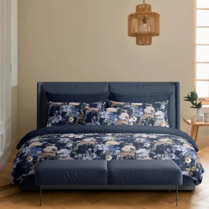 Housse de couette + taie(s) d'oreiller satin de coton - Floraison d'hortensias bleu foncé*Rodier Sale