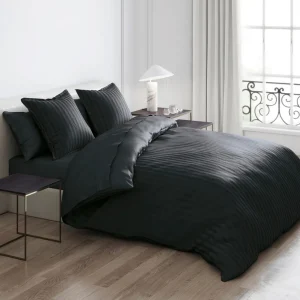 Housse de couette + taie(s) d'oreiller satin de coton - rayure tissé jacquard Noir*Cacharel Sale