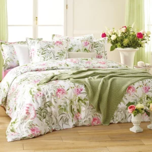 Housse de couette + taie(s) satin de coton Jardin de Roses - Vert Thym / Blanc*Cacharel Best