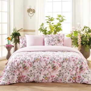 Housse de couette + taie(s) satin de coton - Jardin Secret Blanc / Rose Blush*Cacharel Discount