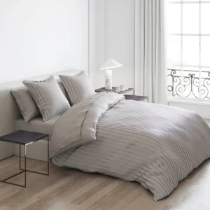 Housse de couette + taie(s) d'oreiller satin de coton rayure tissé jacquard - Taupe*Cacharel Best