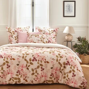Housse de couette + taie(s) d'oreiller satin de coton - Cerisier des Collines Rose*Cacharel Online