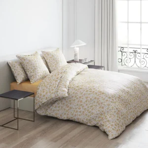 Housse de couette + taie(s) d'oreiller satin de coton - Eglantine Blanc / Jaune*Cacharel New