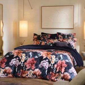 Housse de couette + taie(s) d'oreiller satin de coton - Eclat de caramel Bleu foncé*Rodier Hot