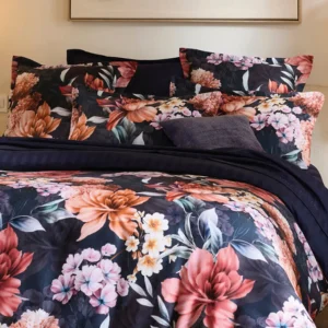 Housse de couette + taie(s) d'oreiller satin de coton - Eclat de caramel Bleu foncé*Rodier Hot