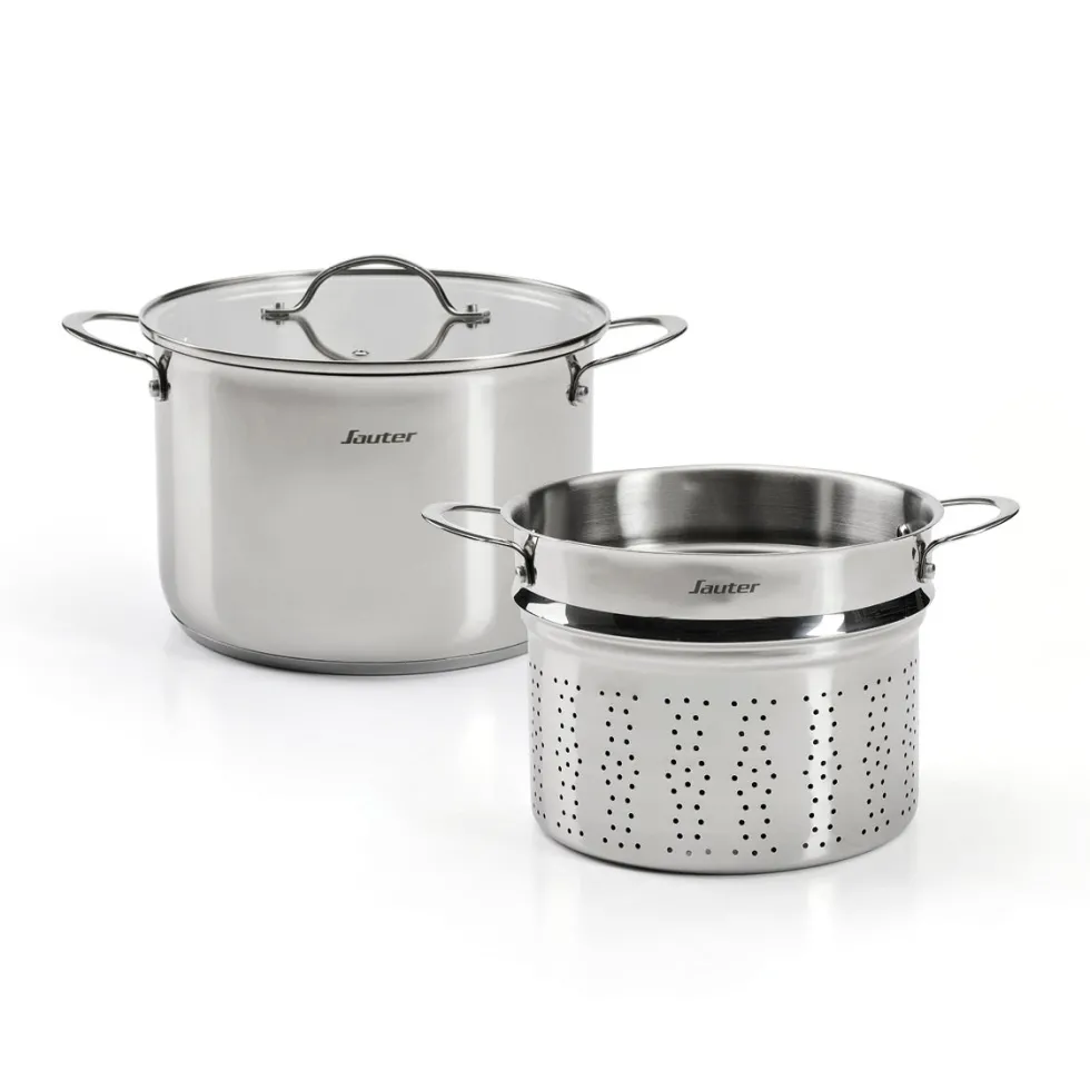 marmite_avec_panier__ptes_1-2.webp Marmite avec panier à pâtes Qulinox Pro - Triple fond - acier inoxydable - couvercle - 24 cm - Argenté*Sauter Outlet