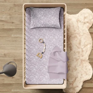 Parure bébé housse de couette + taie d'oreiller satin de coton - Fleurs Lavande*Chevignon New