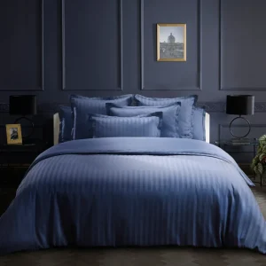 Parure housse de couette + taie(s) d'oreiller satin de coton rayure tissé Jacquard - Bleu*Maison Héritage Fashion