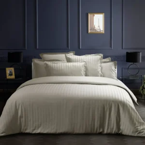 Parure housse de couette + taie(s) d'oreiller satin de coton rayure tissé Jacquard- Taupe*Maison Héritage Discount