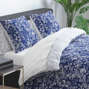 Parure housse de couette + 2 taies satin de coton - Birds Bleu*Cacharel Clearance
