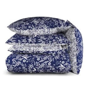 Parure housse de couette + 2 taies satin de coton - Birds Bleu*Cacharel Clearance