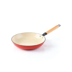 Poêle en fonte emaillée avec manche en bois - Blanc/rouge*Brandt Clearance