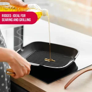 Poêle gril en fonte d'acier 28 cm avec manche en bois - Noir*Brandt Online