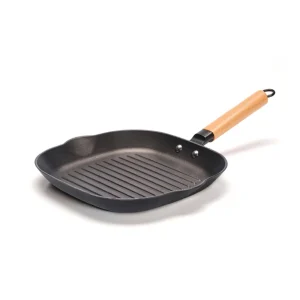 Poêle gril en fonte d'acier 28 cm avec manche en bois - Noir*Brandt Online