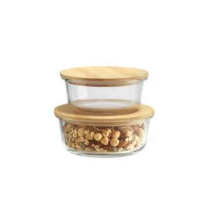 Set de 2 bocaux bas en verre avec couvercle en bambou – transparent*Kalorik Outlet