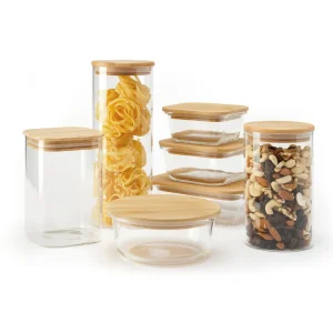 Set de 7 bocaux en verre avec couvercle en bambou – transparent - 0.32L jusqu'à 1.5L*Sauter Discount