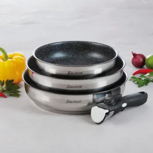 Set de 3 poêles en inox revêtement anti-adhérent avec poignée amovible*Sauter Outlet