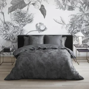 Set de 2 taies d'oreiller satin de coton - Flore noir/gris*Cacharel New