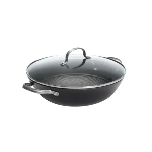 Wok en fonte d'acier noir avec revêtement antiadhésif en nid d'abeille avec couvercle en verre 30 cm*Kalorik Fashion